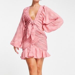 ASOS DESIGN Pink tie front ruched mini dress in spot jacquard in sage